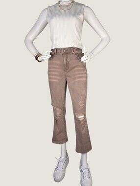 Grace & Lace Taupe Distressed Crop Flare Jeans Size 8 NWT Soft Grunge